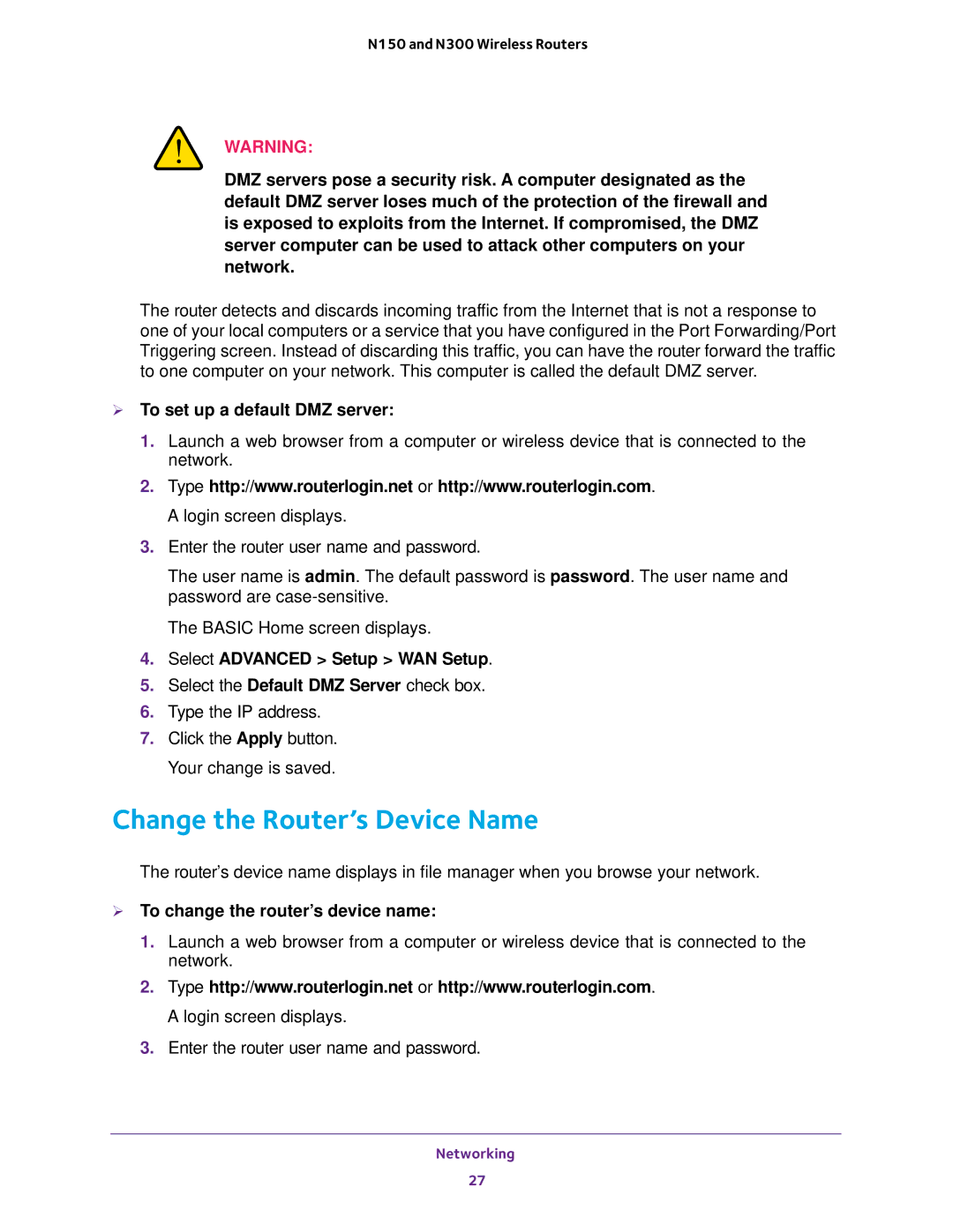 NETGEAR JNR1010V2 Change the Router’s Device Name,  To set up a default DMZ server,  To change the router’s device name 