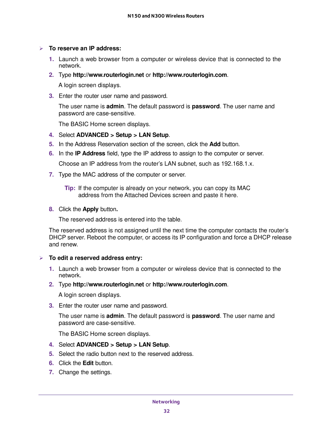 NETGEAR JWNR2010v5, WNR2020, WNR618, WNR614, JWNR2000v5  To reserve an IP address,  To edit a reserved address entry 