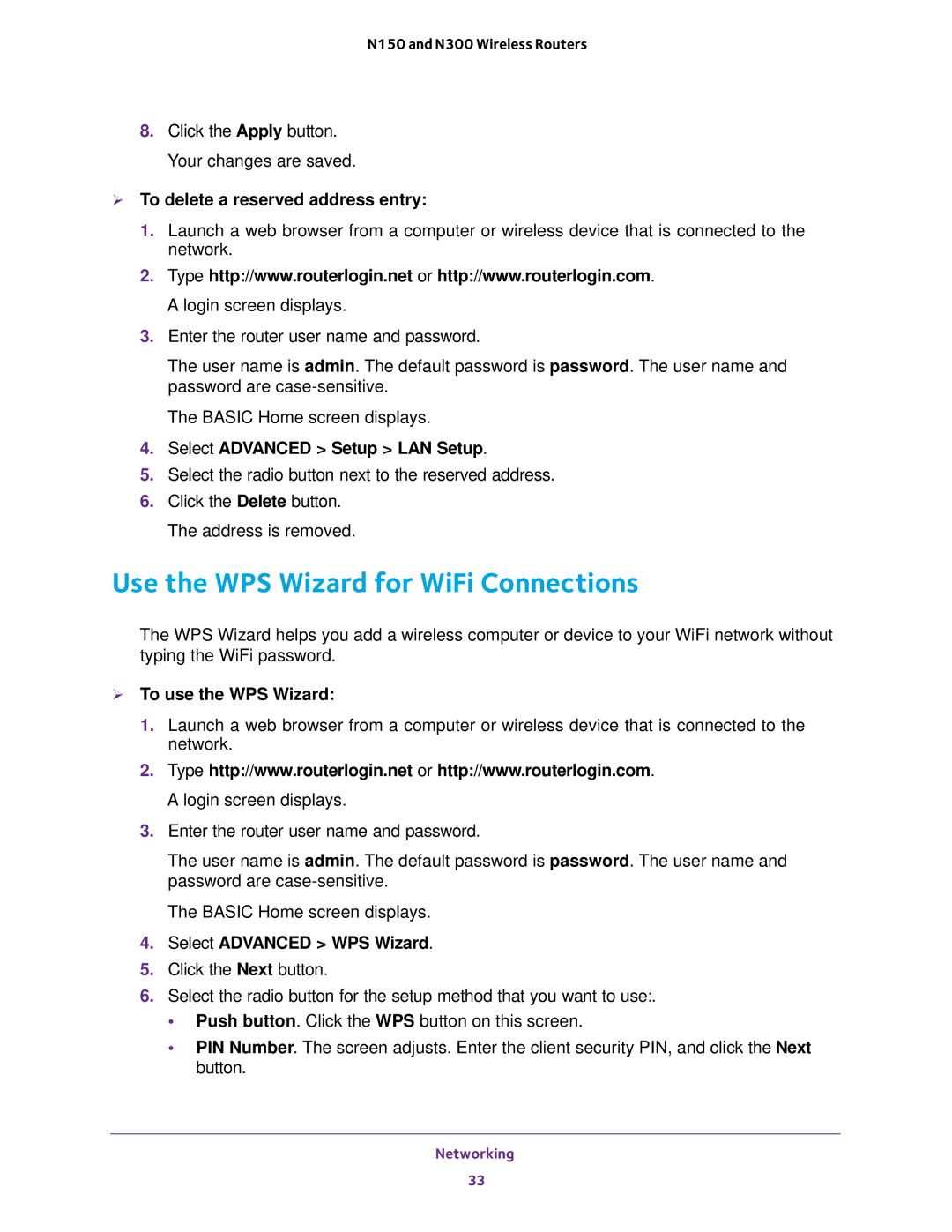 NETGEAR JWNR2000v5 Use the WPS Wizard for WiFi Connections,  To delete a reserved address entry,  To use the WPS Wizard 