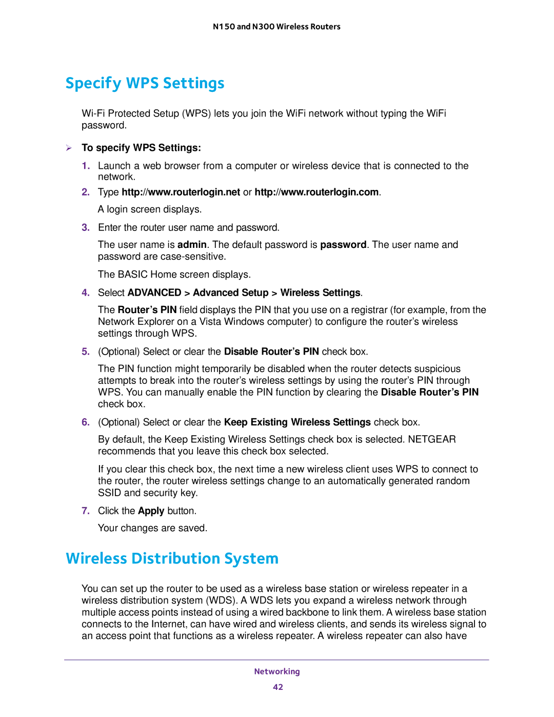 NETGEAR WNR2020, WNR618, WNR614, WNR2010 Specify WPS Settings, Wireless Distribution System,  To specify WPS Settings 