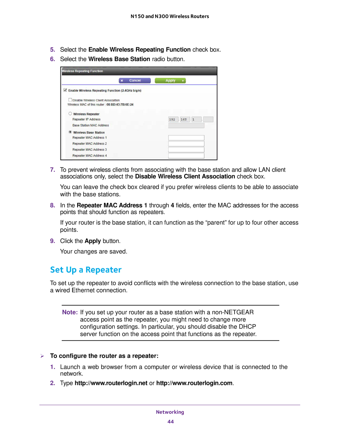 NETGEAR WNR614, WNR2020, WNR618, WNR2010 Set Up a Repeater, Select the Enable Wireless Repeating Function check box 