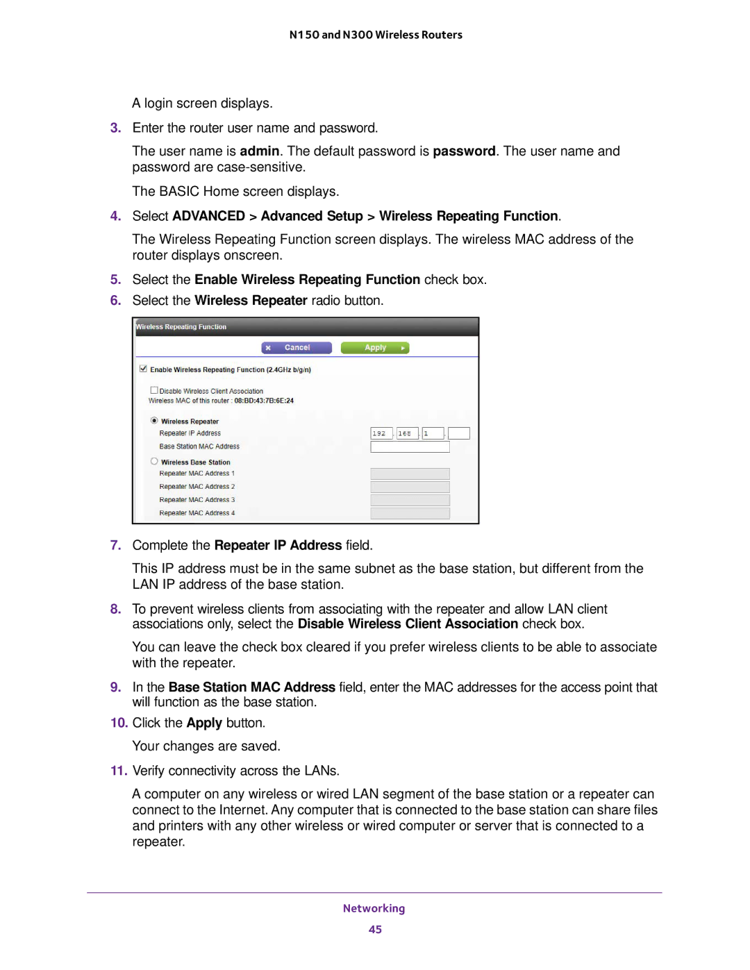 NETGEAR WNR2020, WNR618, WNR614, JWNR2010v5, JWNR2000v5, JNR1010V2 user manual Complete the Repeater IP Address field 