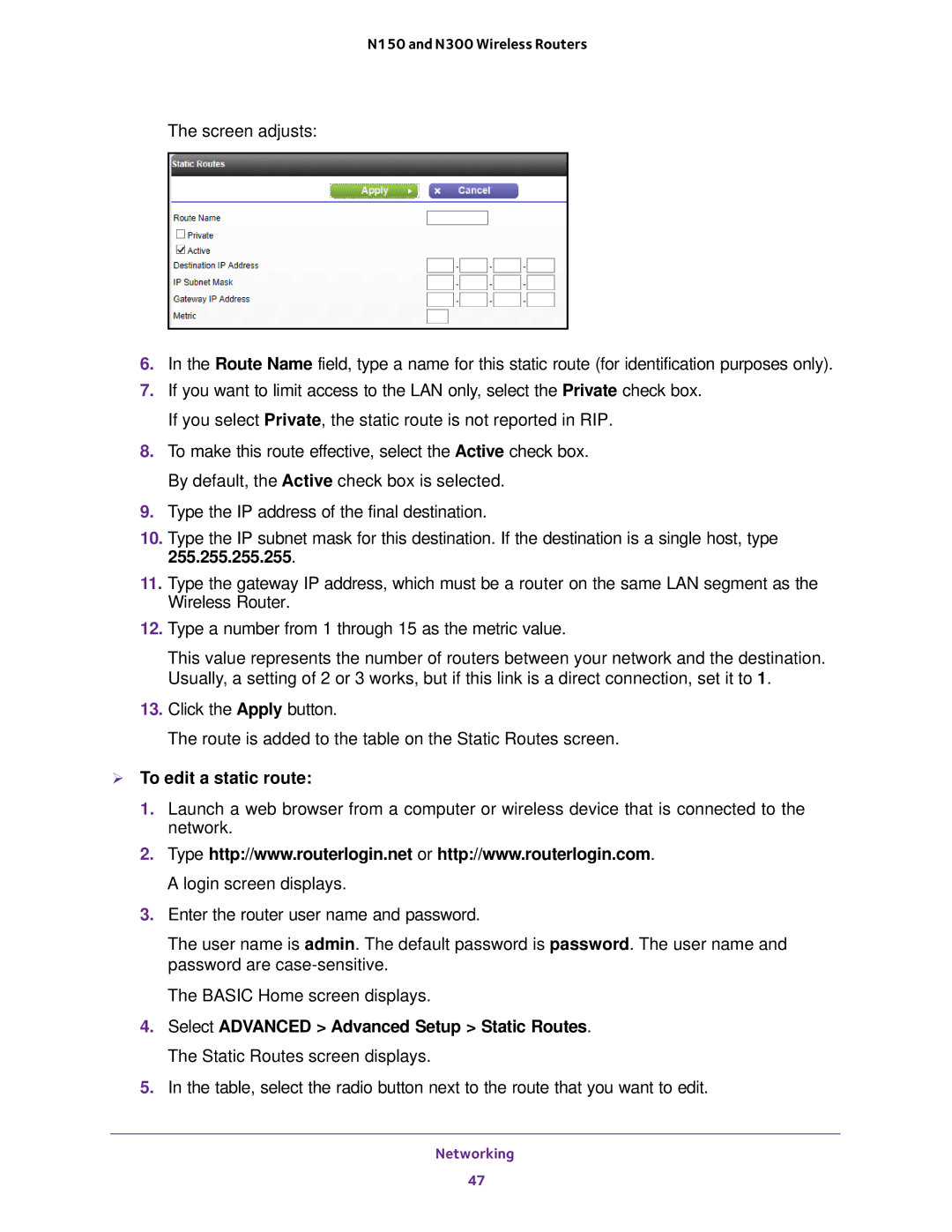 NETGEAR JWNR2000v5, WNR2020, WNR618, WNR614, JWNR2010v5, JNR1010V2 user manual  To edit a static route 