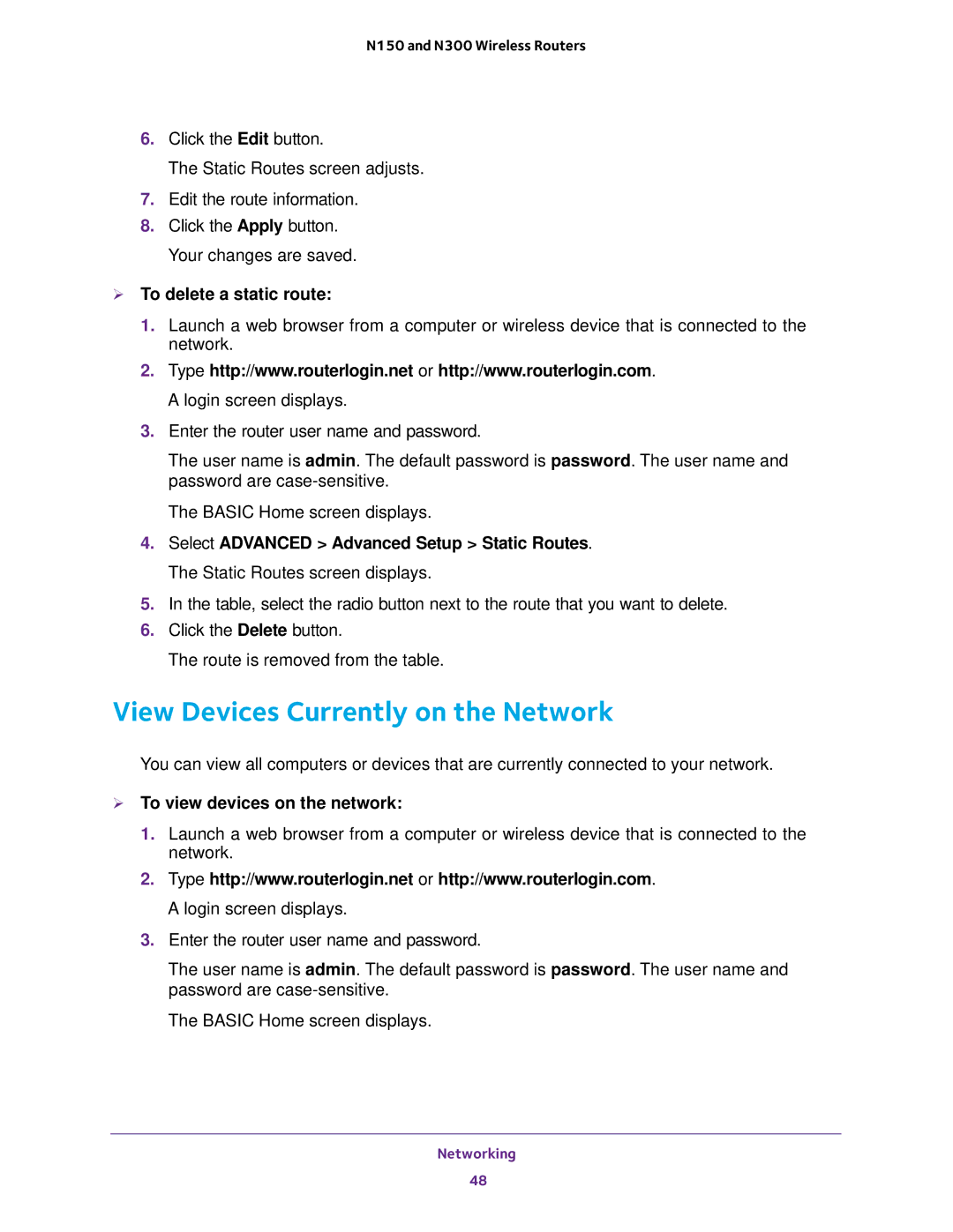 NETGEAR JNR1010V2 View Devices Currently on the Network,  To delete a static route,  To view devices on the network 