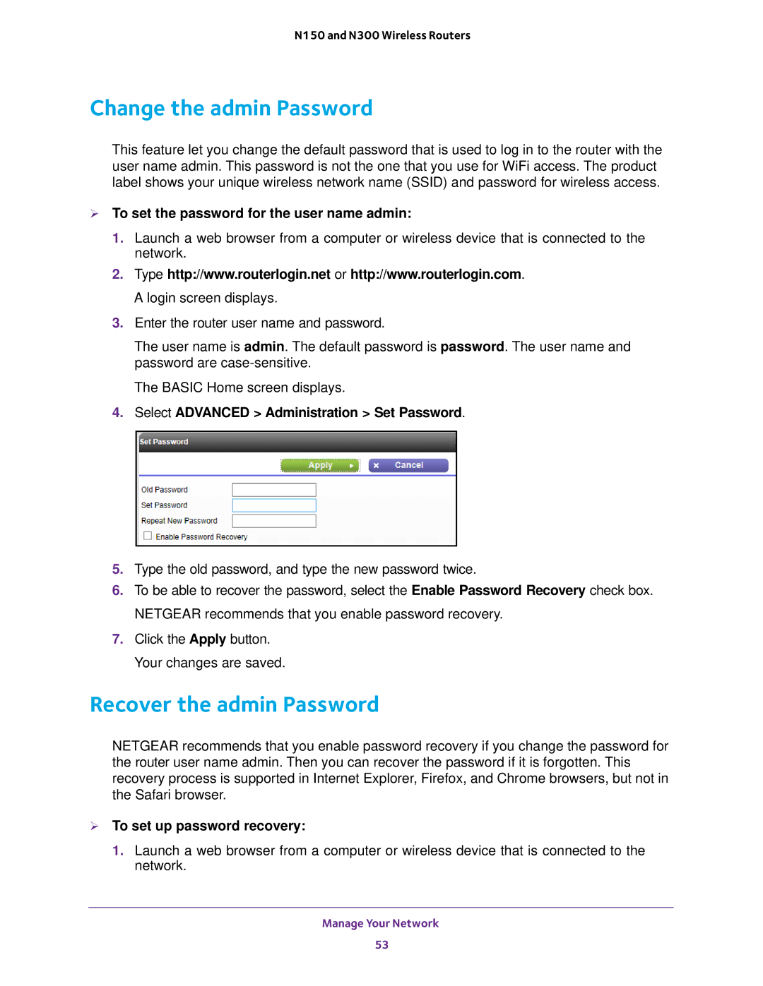 NETGEAR JWNR2010v5 Change the admin Password, Recover the admin Password,  To set the password for the user name admin 