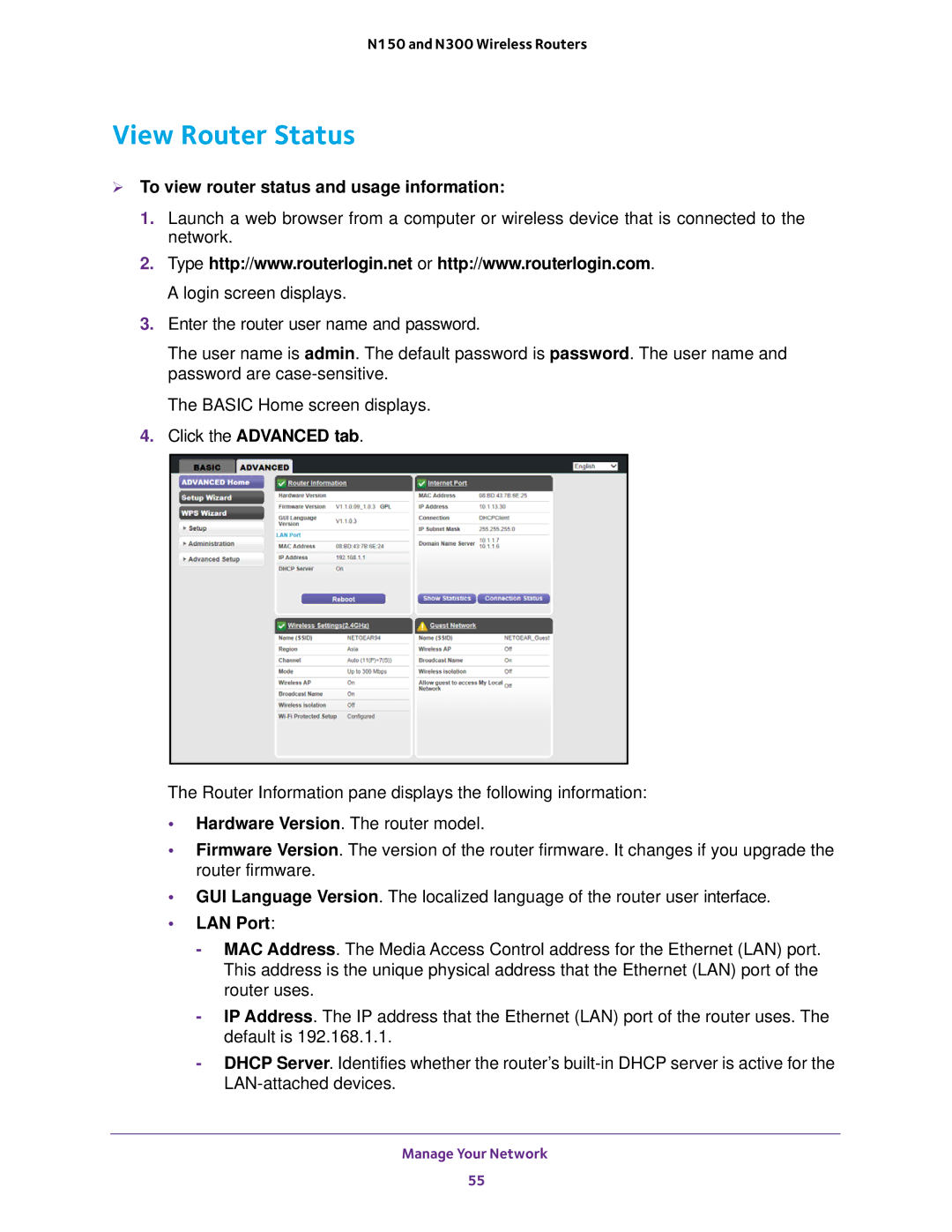 NETGEAR JNR1010V2 View Router Status,  To view router status and usage information, Click the Advanced tab, LAN Port 