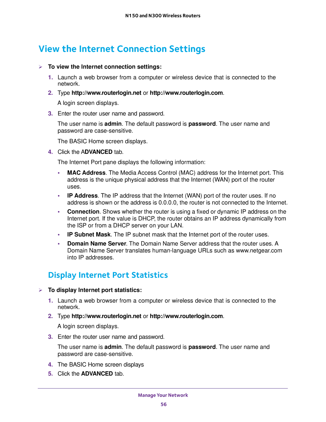 NETGEAR WNR2020, WNR618, WNR614, JWNR2010v5 View the Internet Connection Settings, Display Internet Port Statistics 