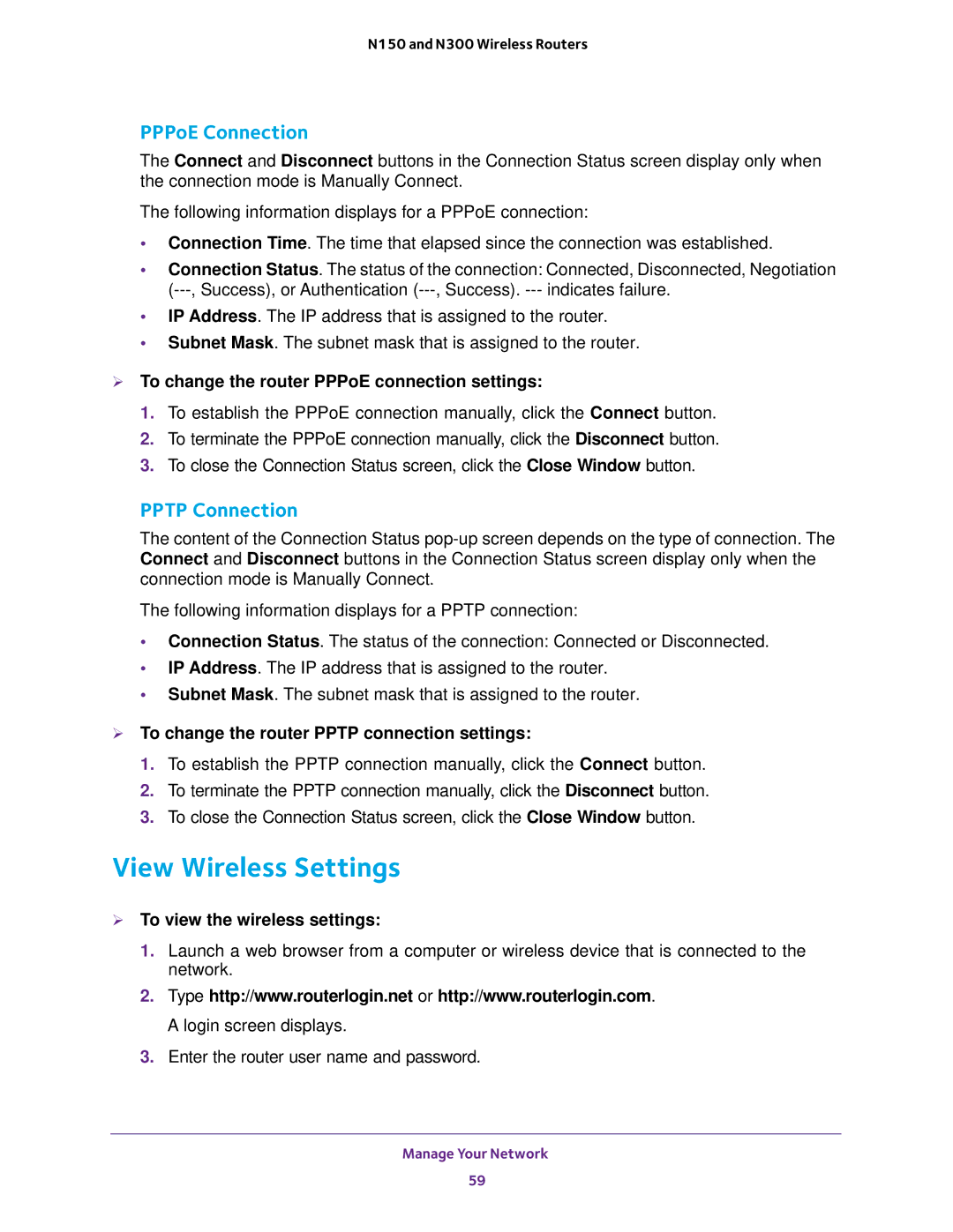 NETGEAR WNR2010 View Wireless Settings,  To change the router PPPoE connection settings,  To view the wireless settings 