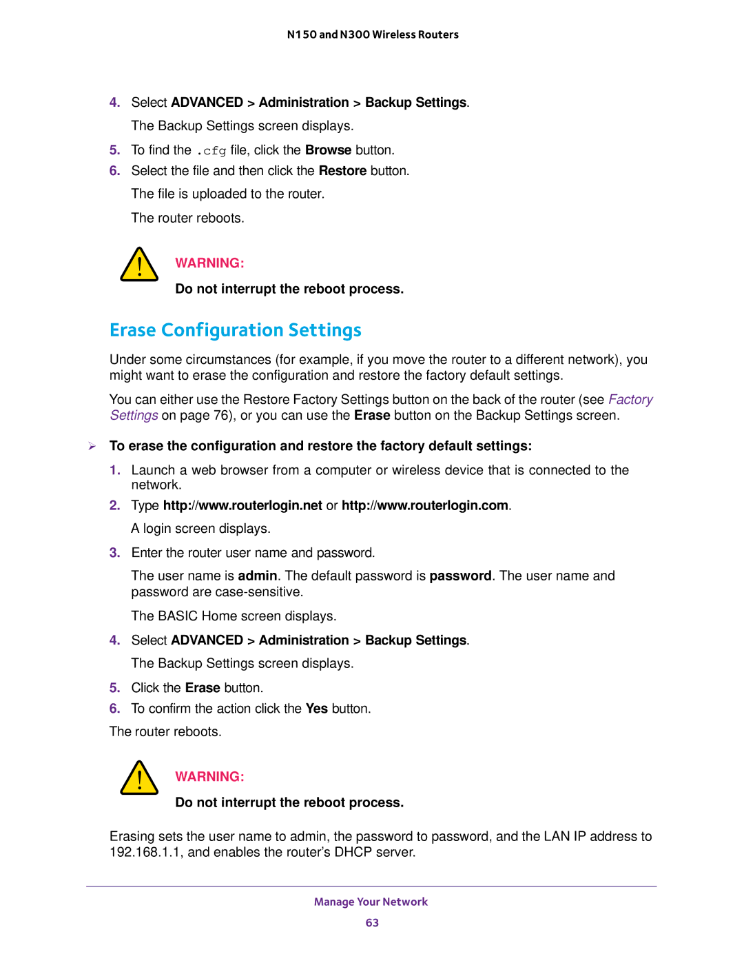 NETGEAR WNR2020, WNR618, WNR614, JWNR2010v5, JWNR2000v5, JNR1010V2 user manual Erase Configuration Settings 