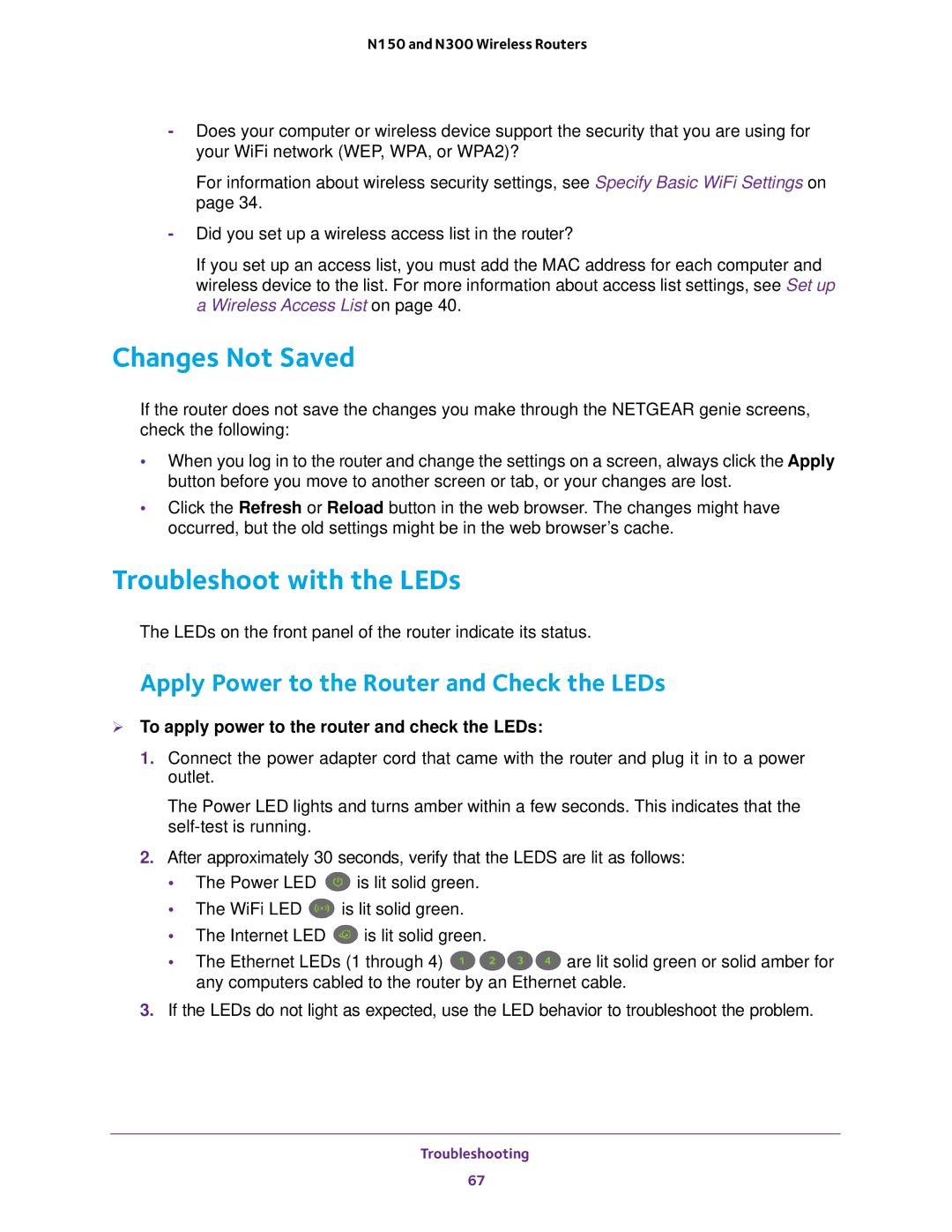 NETGEAR JWNR2010v5, WNR2020 Changes Not Saved, Troubleshoot with the LEDs, Apply Power to the Router and Check the LEDs 