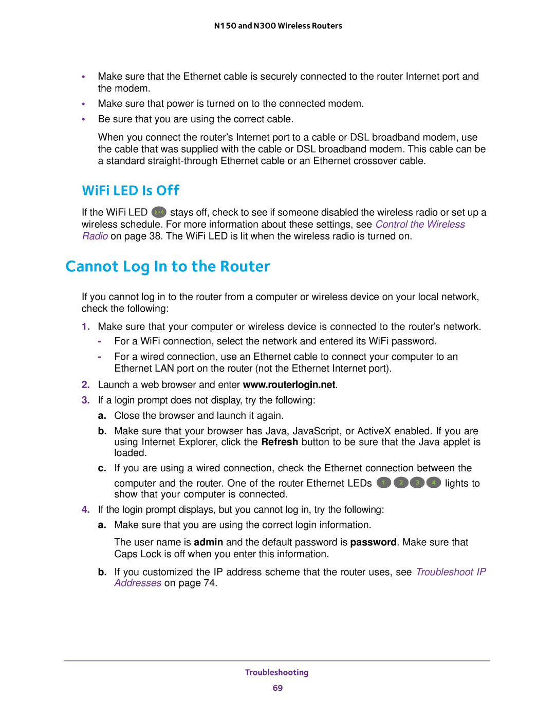 NETGEAR JNR1010V2, WNR2020, WNR618, WNR614, JWNR2010v5, JWNR2000v5 user manual Cannot Log In to the Router, WiFi LED Is Off 