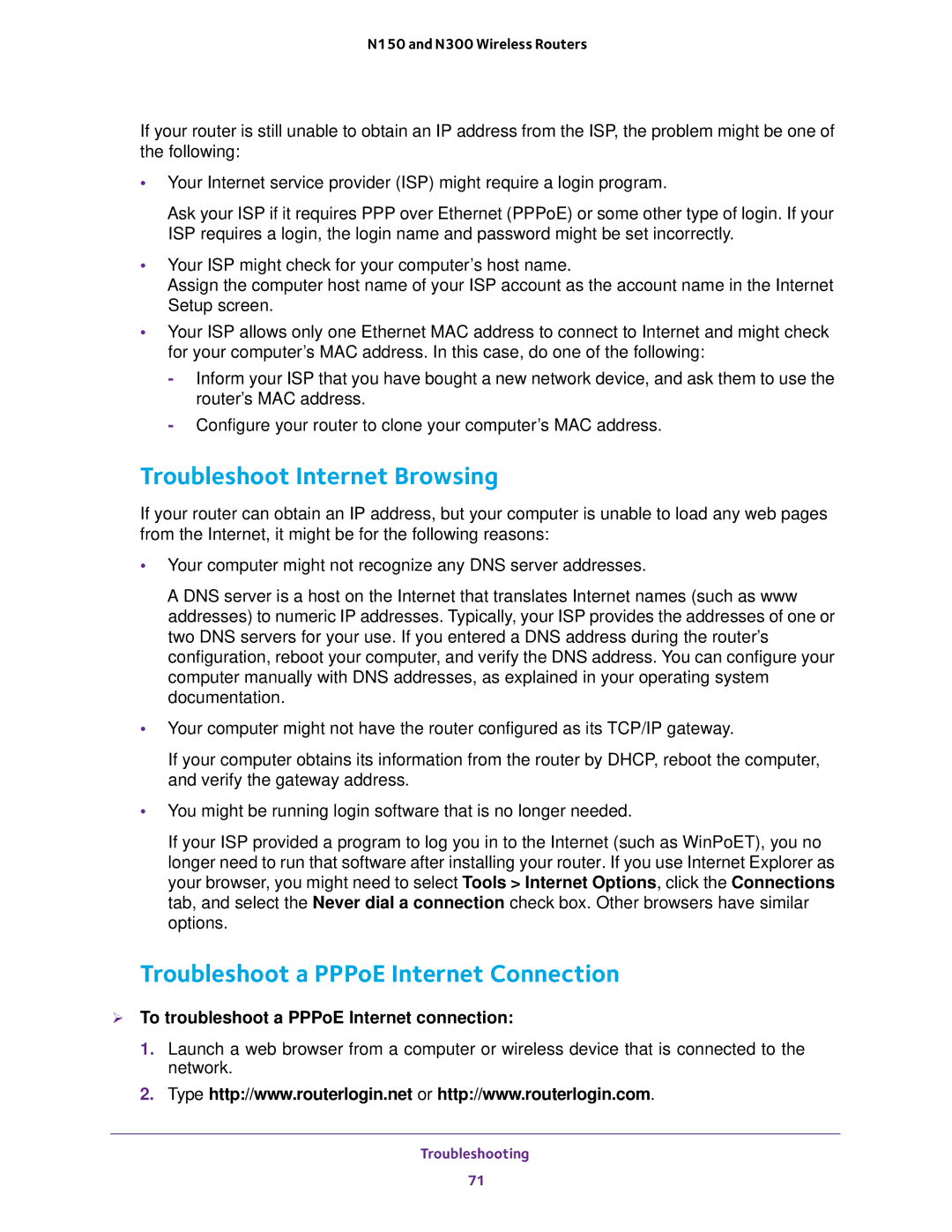 NETGEAR WNR618, WNR2020, WNR614, JWNR2010v5 Troubleshoot Internet Browsing, Troubleshoot a PPPoE Internet Connection 