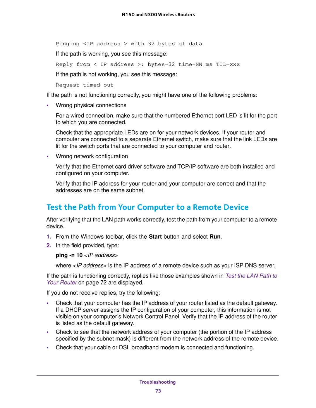 NETGEAR WNR2020, WNR618, WNR614, JWNR2010v5 Test the Path from Your Computer to a Remote Device, Request timed out 