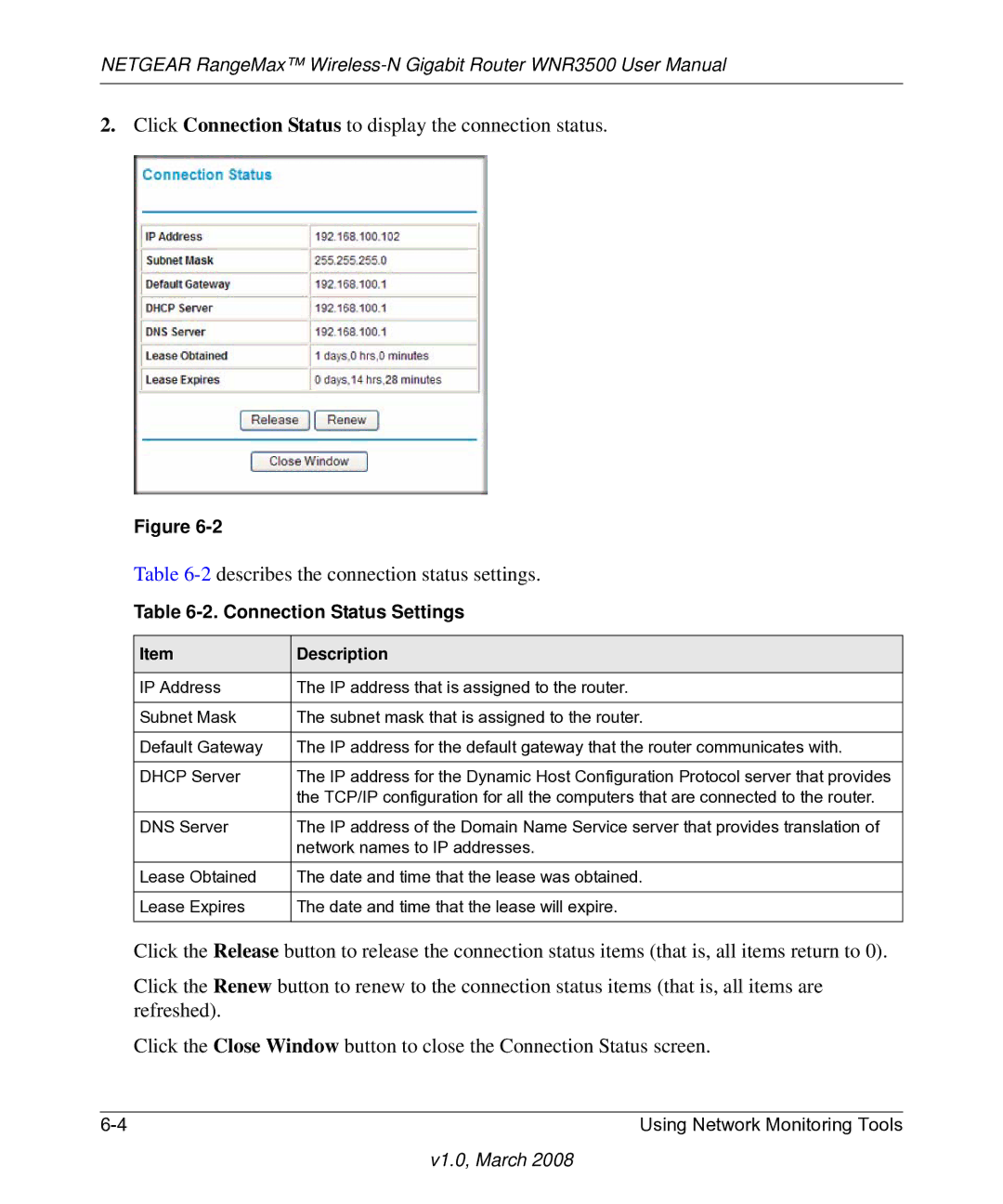 NETGEAR WNR3500 user manual Connection Status Settings 