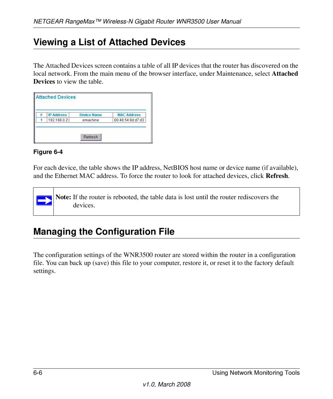 NETGEAR WNR3500 user manual Viewing a List of Attached Devices, Managing the Configuration File 