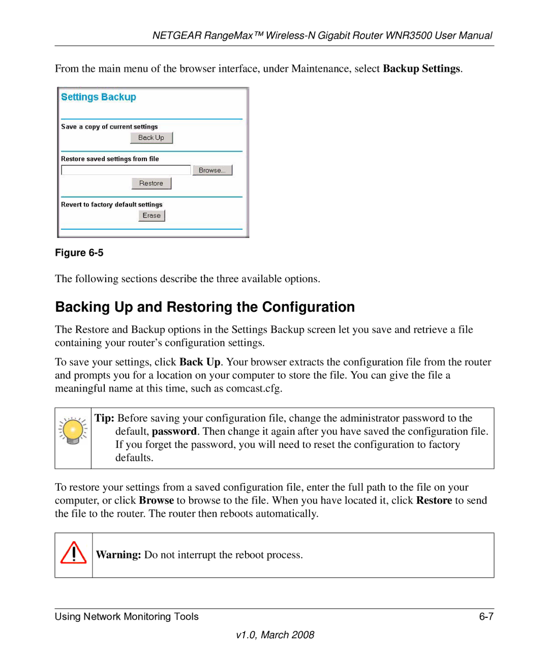 NETGEAR WNR3500 user manual Backing Up and Restoring the Configuration 