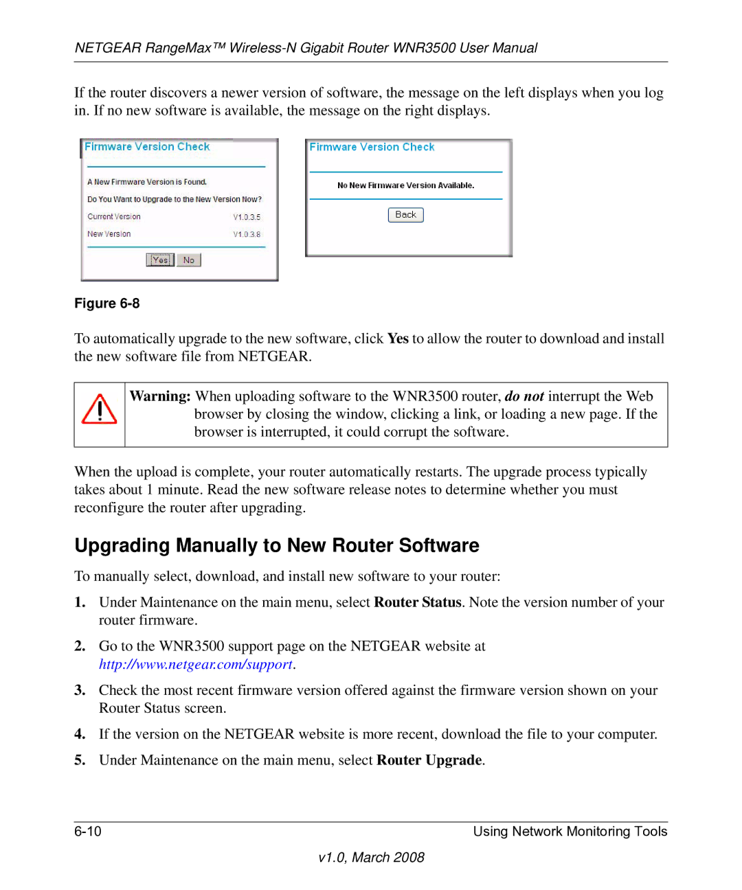 NETGEAR WNR3500 user manual Upgrading Manually to New Router Software 