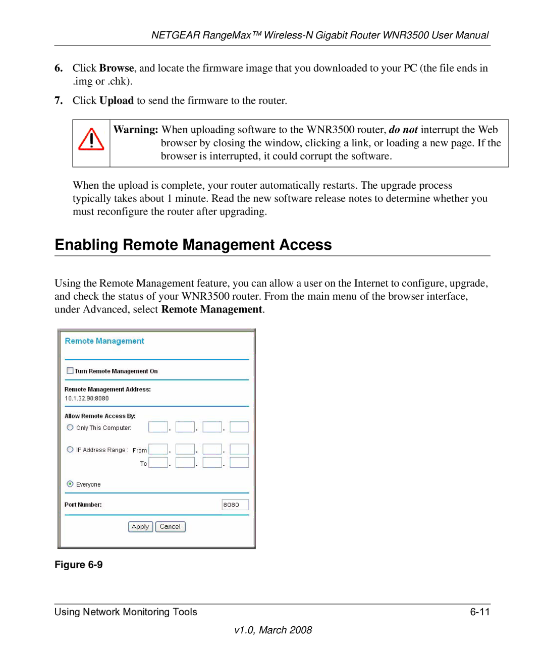 NETGEAR WNR3500 user manual Enabling Remote Management Access 