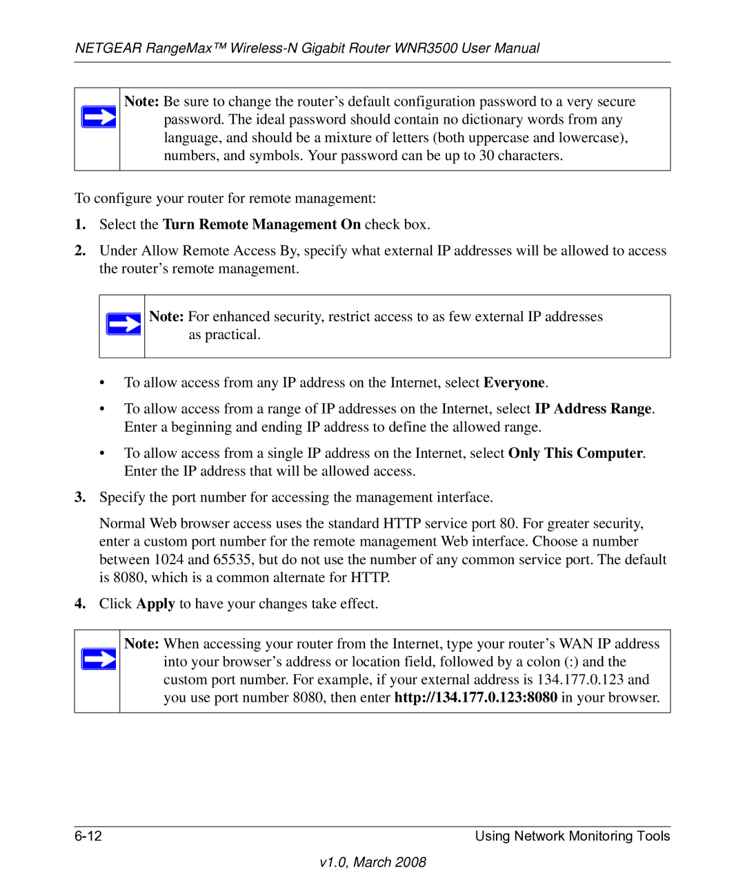 NETGEAR WNR3500 user manual Select the Turn Remote Management On check box 