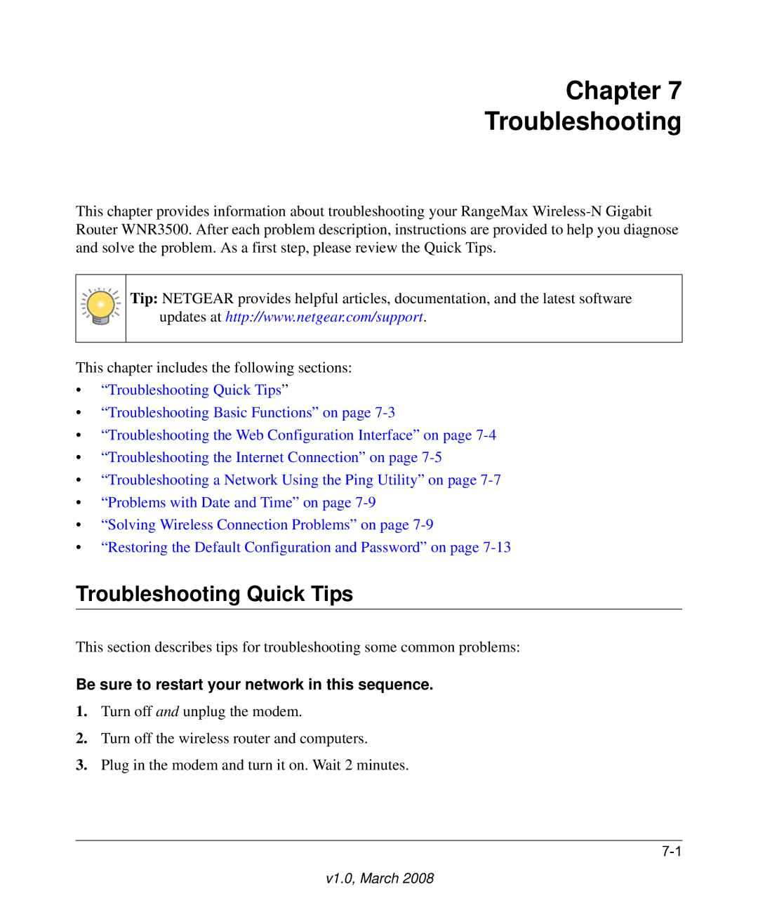 NETGEAR WNR3500 Chapter Troubleshooting, Troubleshooting Quick Tips, Be sure to restart your network in this sequence 