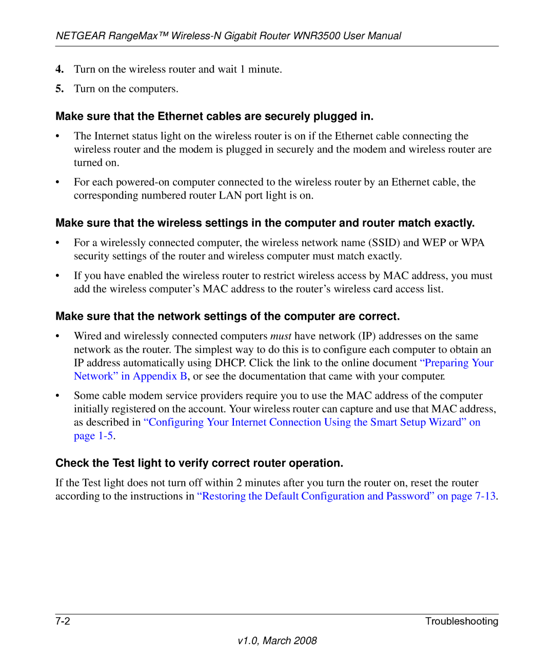 NETGEAR WNR3500 user manual Make sure that the Ethernet cables are securely plugged 