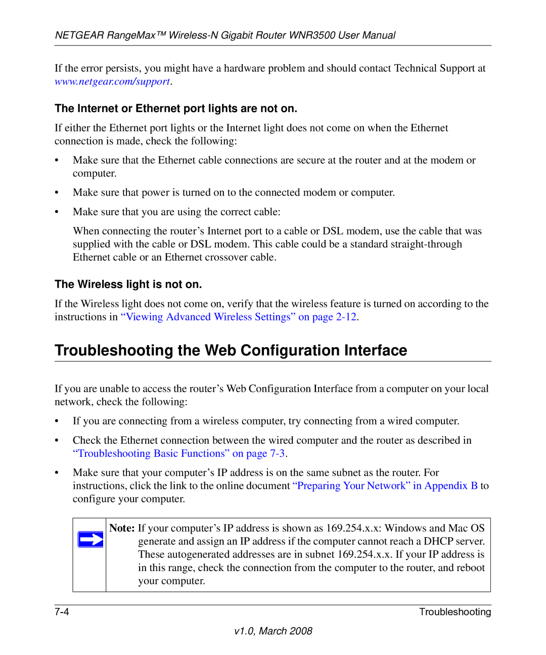 NETGEAR WNR3500 user manual Troubleshooting the Web Configuration Interface, Internet or Ethernet port lights are not on 