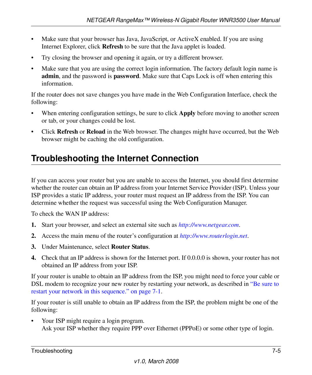 NETGEAR WNR3500 user manual Troubleshooting the Internet Connection 