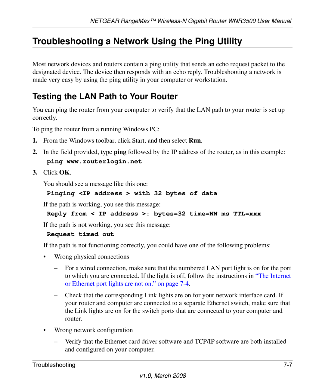 NETGEAR WNR3500 user manual Troubleshooting a Network Using the Ping Utility, Testing the LAN Path to Your Router 