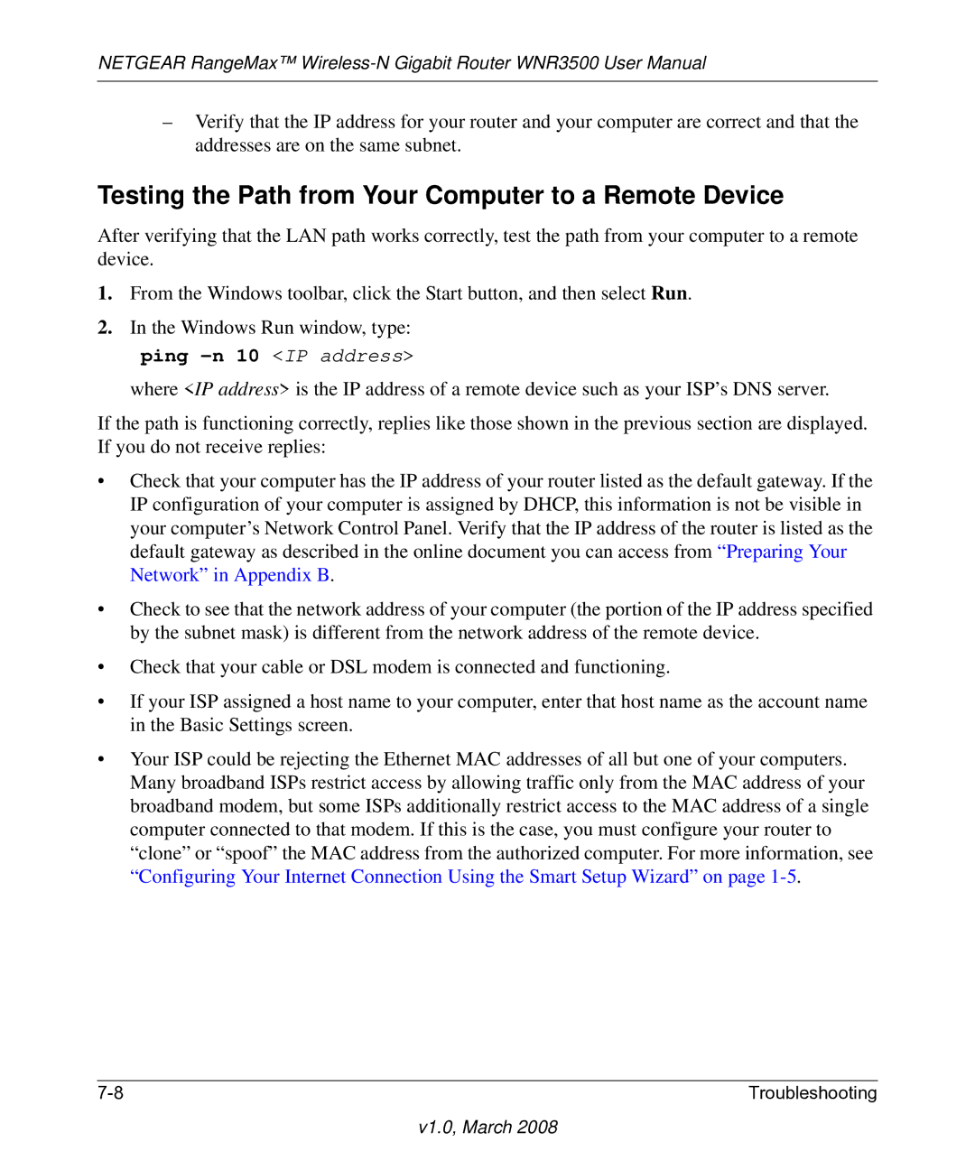 NETGEAR WNR3500 user manual Testing the Path from Your Computer to a Remote Device, Ping -n 10 IP address 