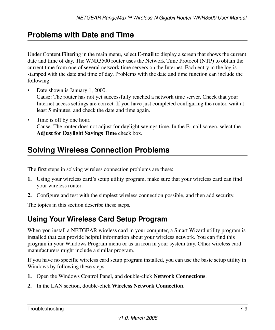 NETGEAR WNR3500 Problems with Date and Time, Solving Wireless Connection Problems, Using Your Wireless Card Setup Program 