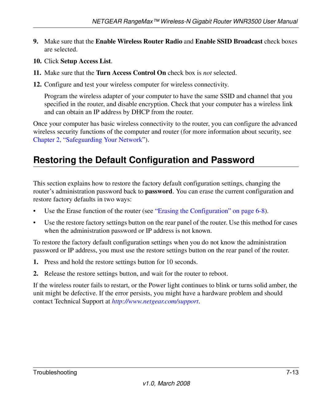 NETGEAR WNR3500 user manual Restoring the Default Configuration and Password 