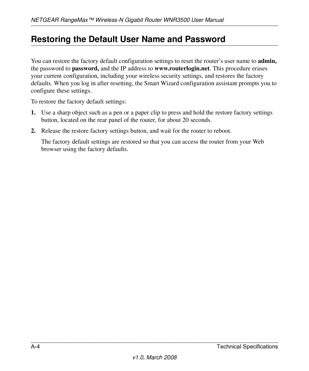 NETGEAR WNR3500 user manual Restoring the Default User Name and Password 