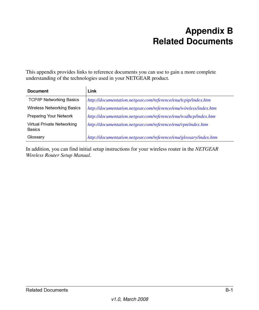 NETGEAR WNR3500 user manual Appendix B Related Documents, Document Link 