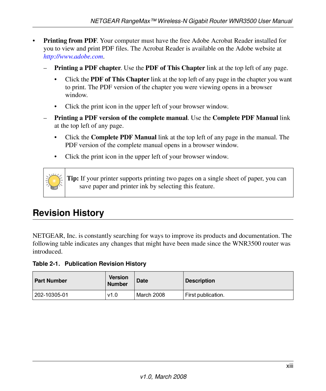 NETGEAR WNR3500 user manual Publication Revision History 