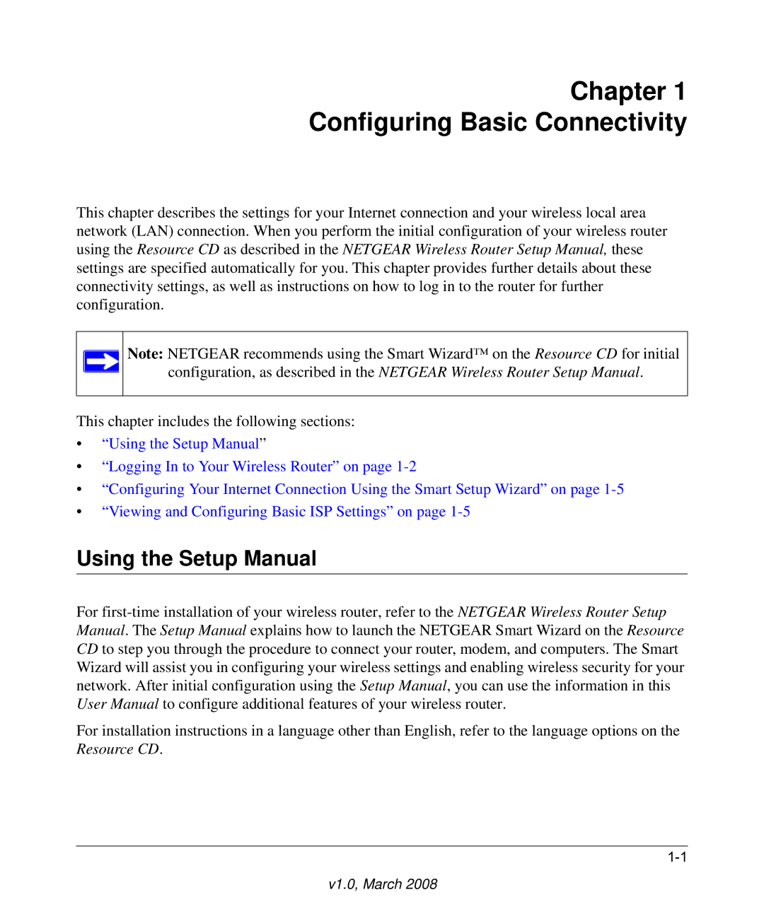 NETGEAR WNR3500 user manual Chapter Configuring Basic Connectivity, Using the Setup Manual 