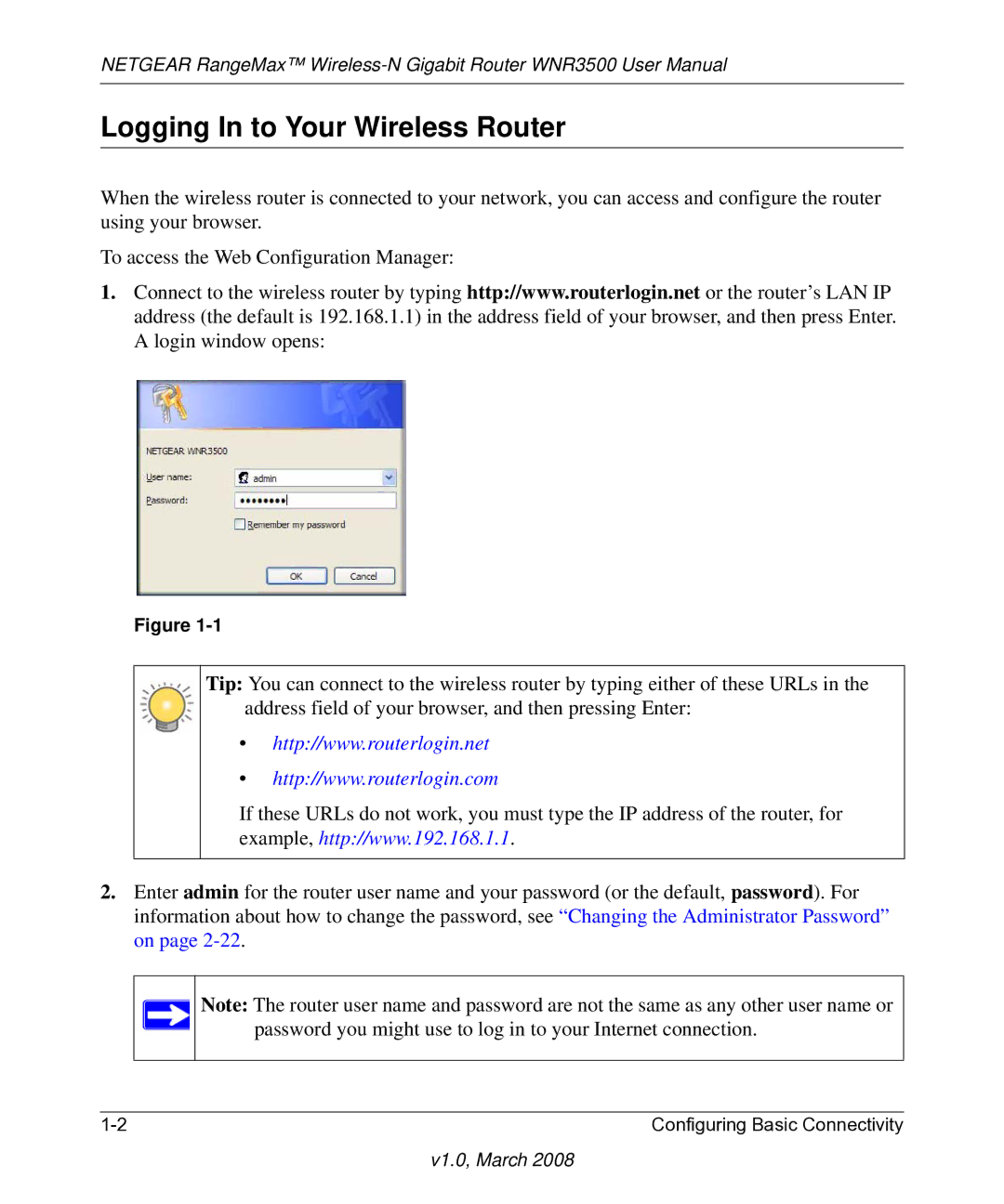 NETGEAR WNR3500 user manual Logging In to Your Wireless Router 