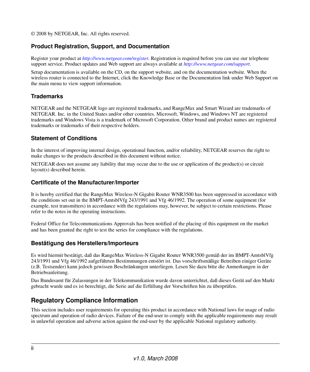 NETGEAR WNR3500 user manual Regulatory Compliance Information 