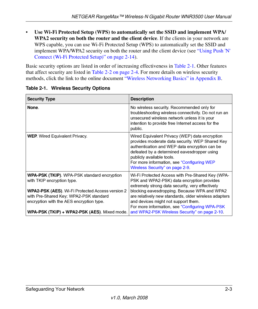 NETGEAR WNR3500 user manual Wireless Security Options, Security Type Description None 