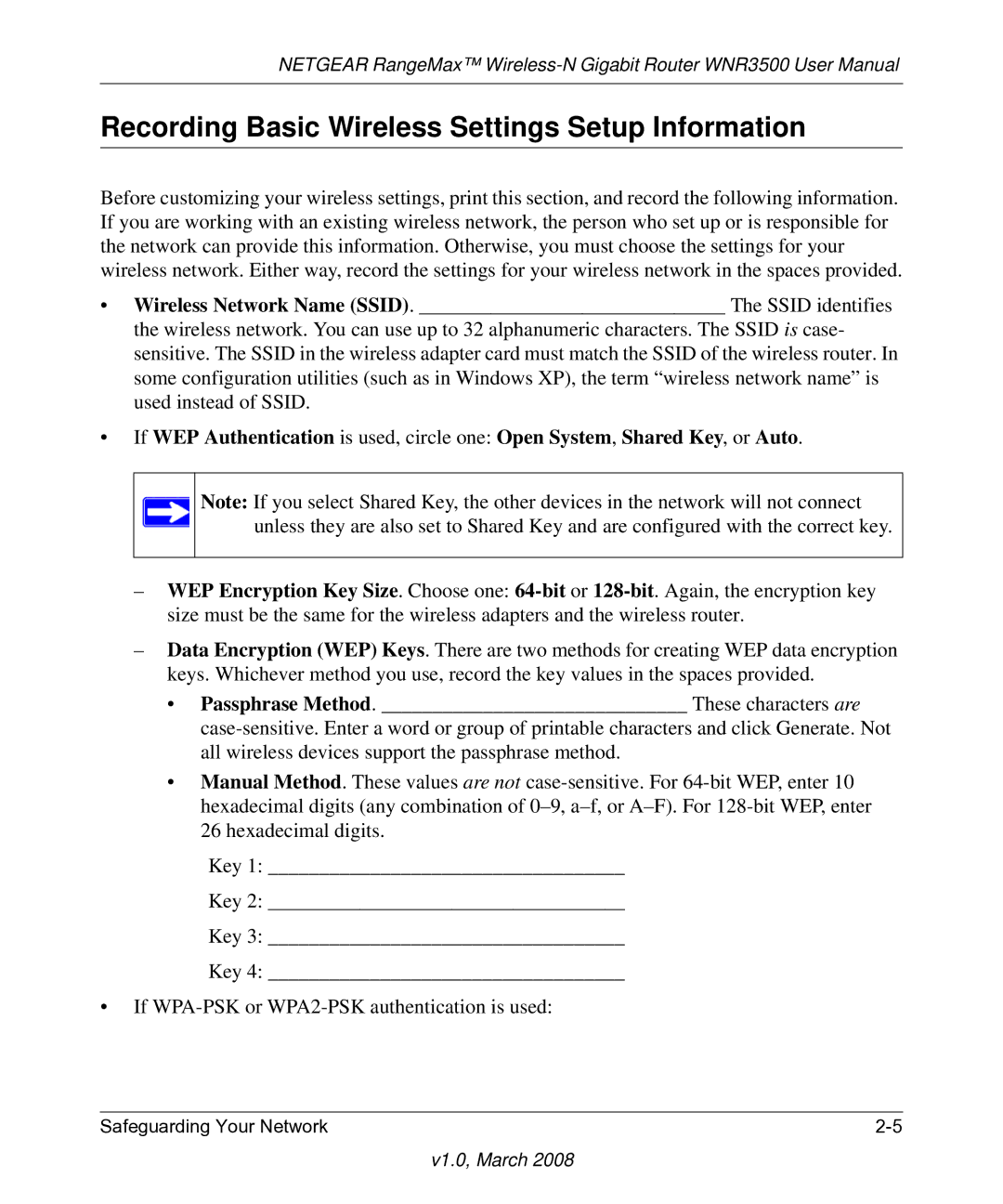 NETGEAR WNR3500 user manual Recording Basic Wireless Settings Setup Information 