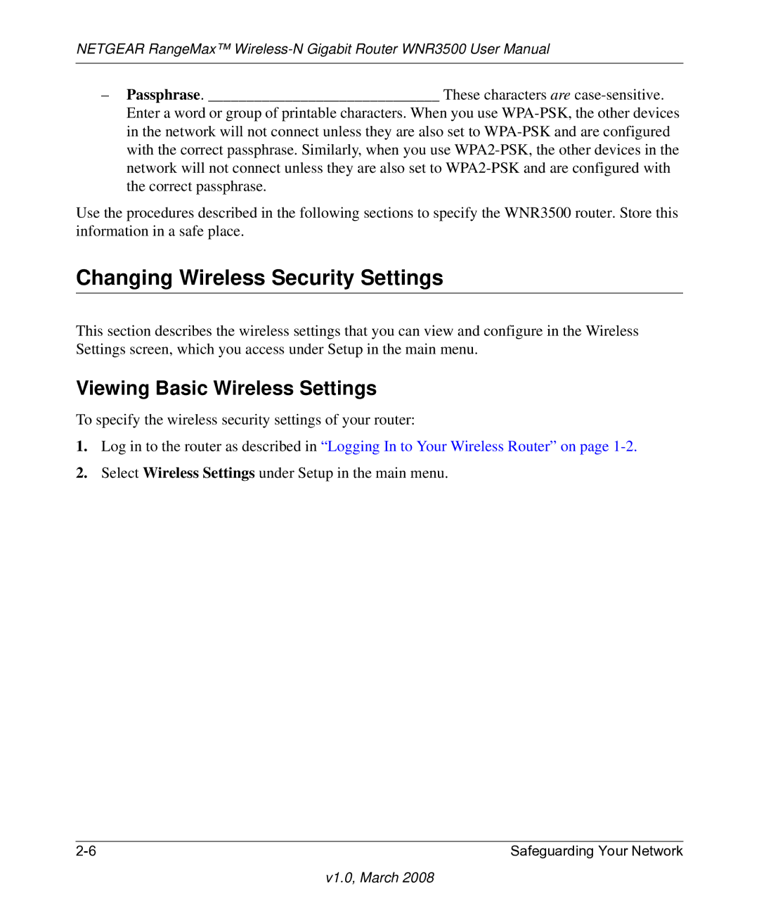 NETGEAR WNR3500 user manual Changing Wireless Security Settings, Viewing Basic Wireless Settings 