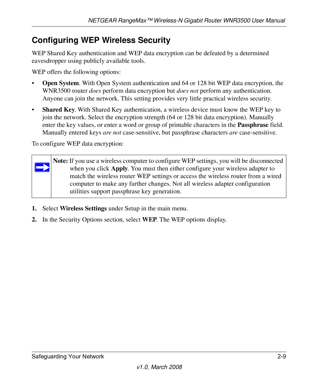 NETGEAR WNR3500 user manual Configuring WEP Wireless Security 