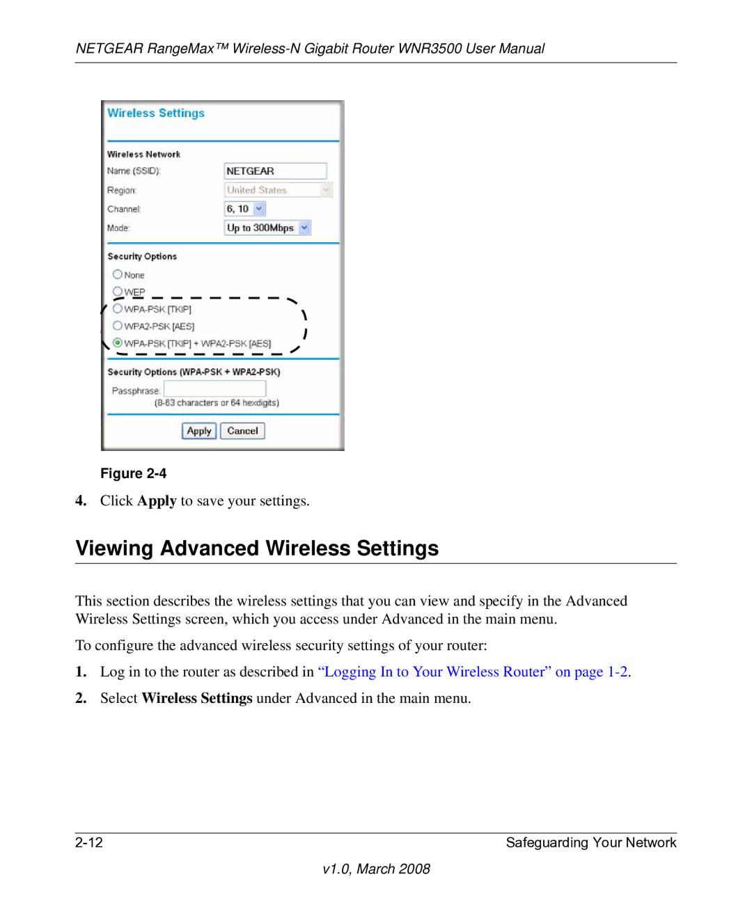 NETGEAR WNR3500 user manual Viewing Advanced Wireless Settings 