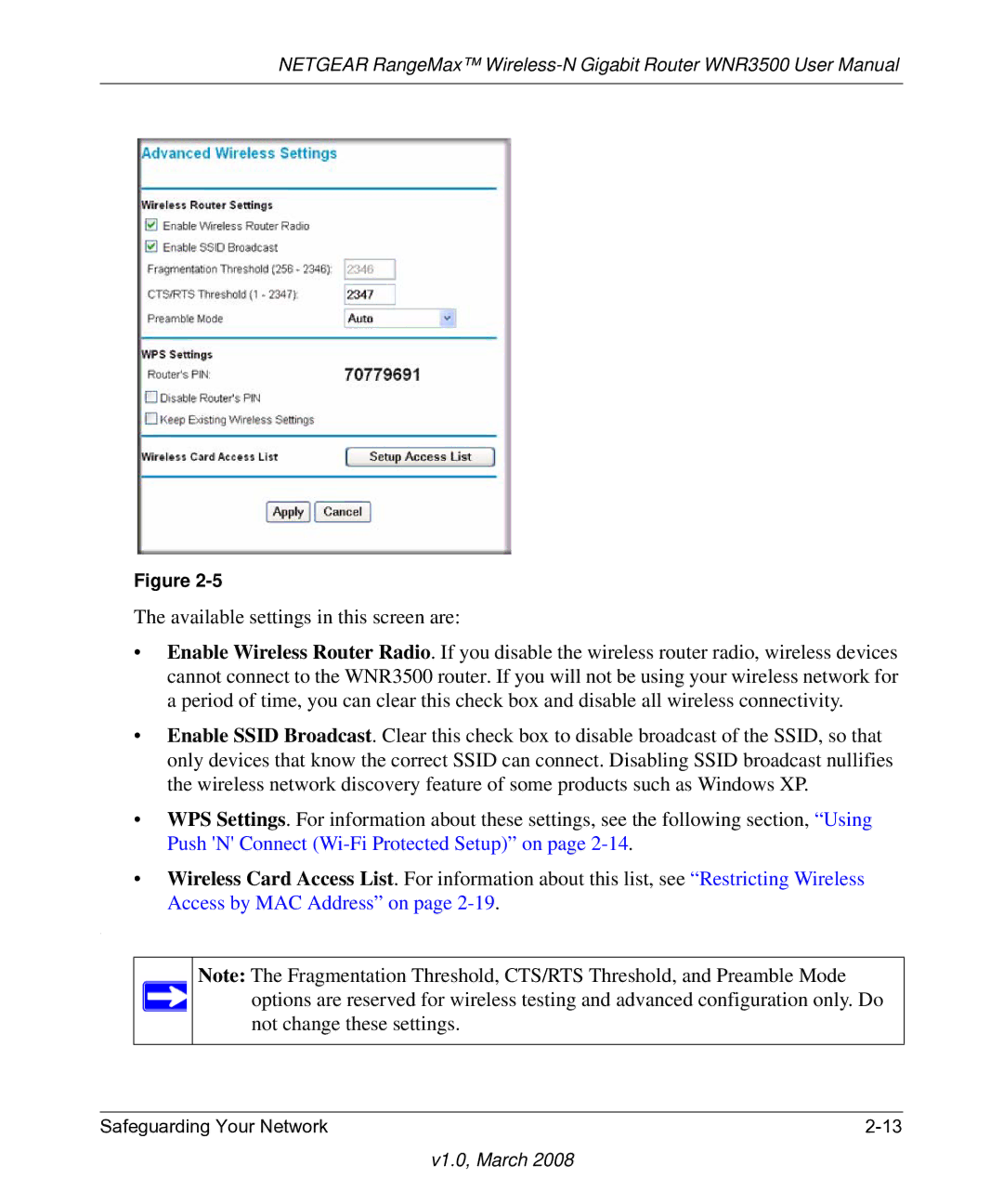 NETGEAR WNR3500 user manual Available settings in this screen are 