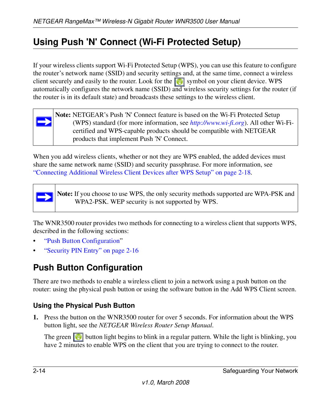 NETGEAR WNR3500 Using Push N Connect Wi-Fi Protected Setup, Push Button Configuration, Using the Physical Push Button 