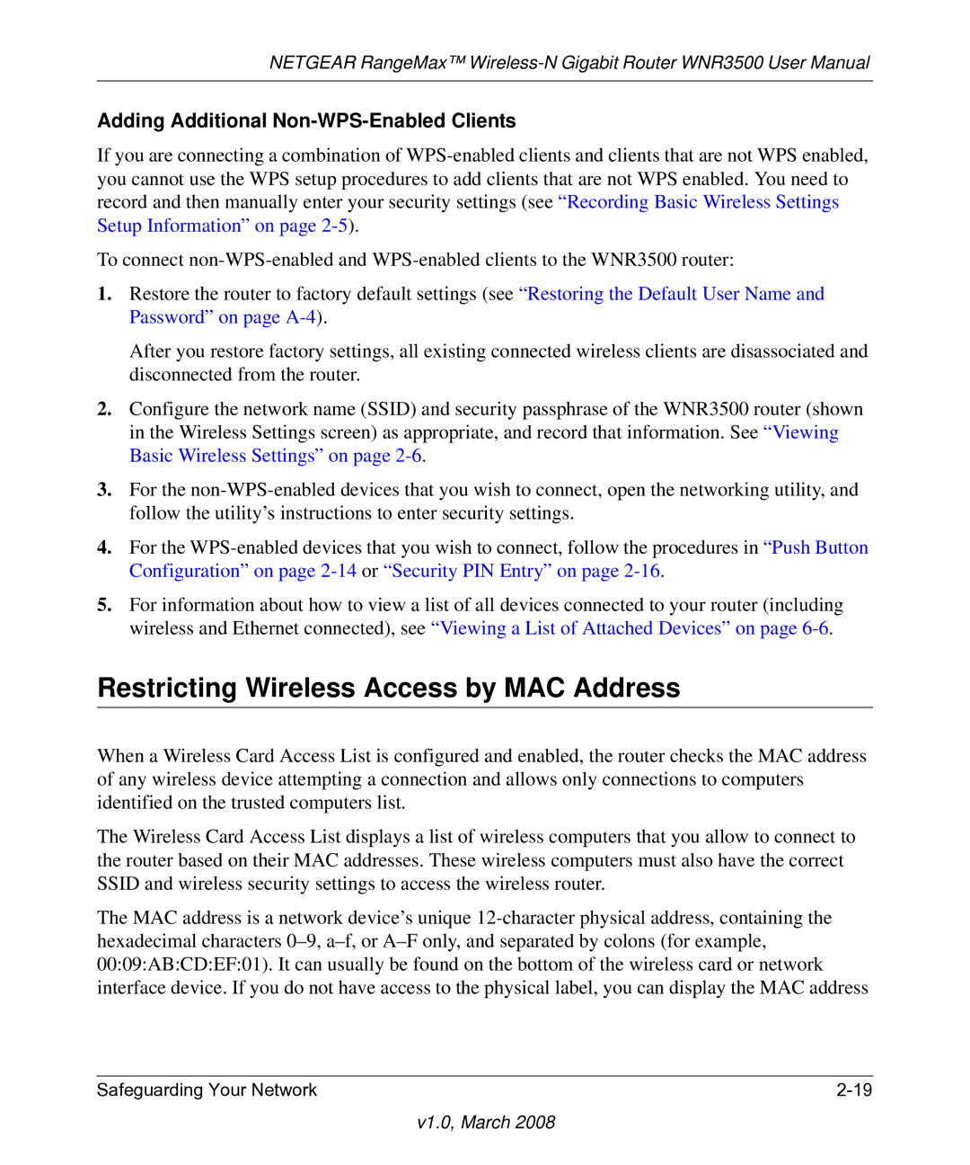 NETGEAR WNR3500 user manual Restricting Wireless Access by MAC Address, Adding Additional Non-WPS-Enabled Clients 