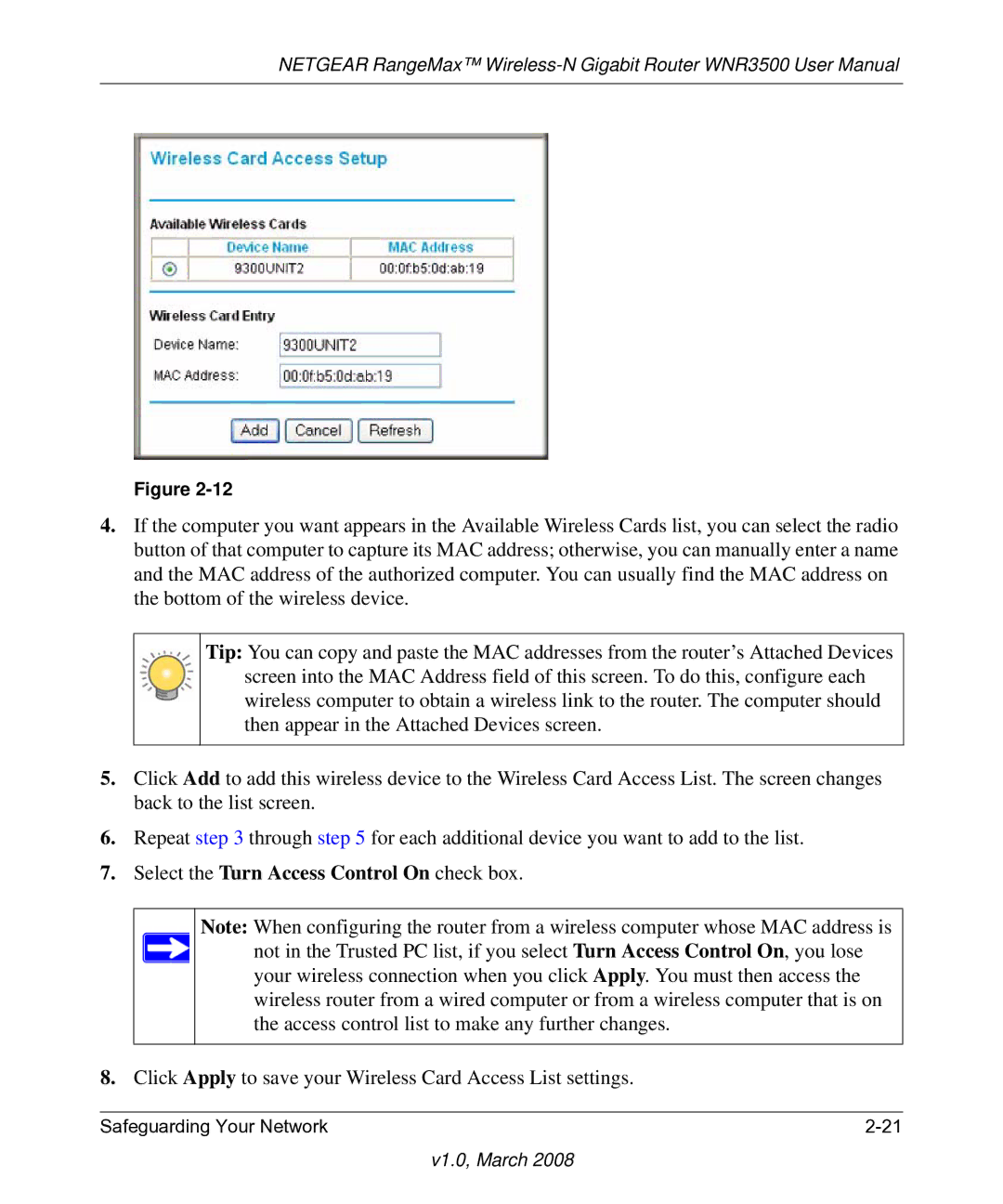 NETGEAR WNR3500 user manual Select the Turn Access Control On check box 