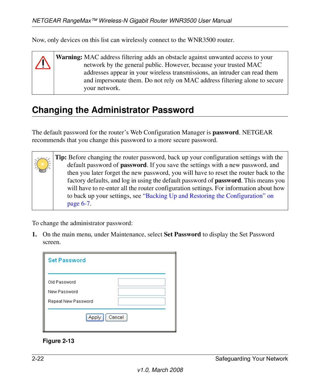 NETGEAR WNR3500 user manual Changing the Administrator Password 