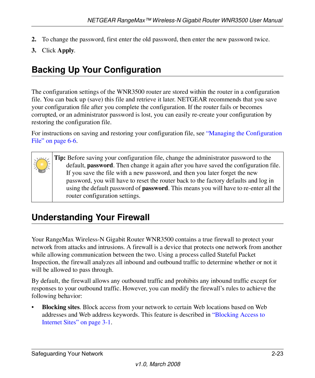 NETGEAR WNR3500 user manual Backing Up Your Configuration, Understanding Your Firewall 