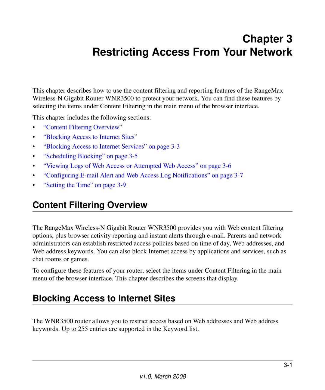 NETGEAR WNR3500 Restricting Access From Your Network, Content Filtering Overview, Blocking Access to Internet Sites 