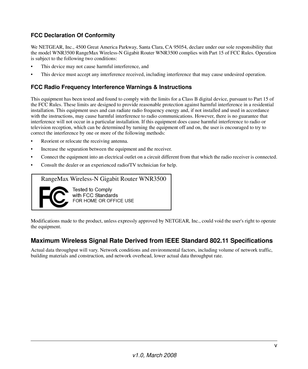 NETGEAR WNR3500 user manual FCC Declaration Of Conformity, FCC Radio Frequency Interference Warnings & Instructions 